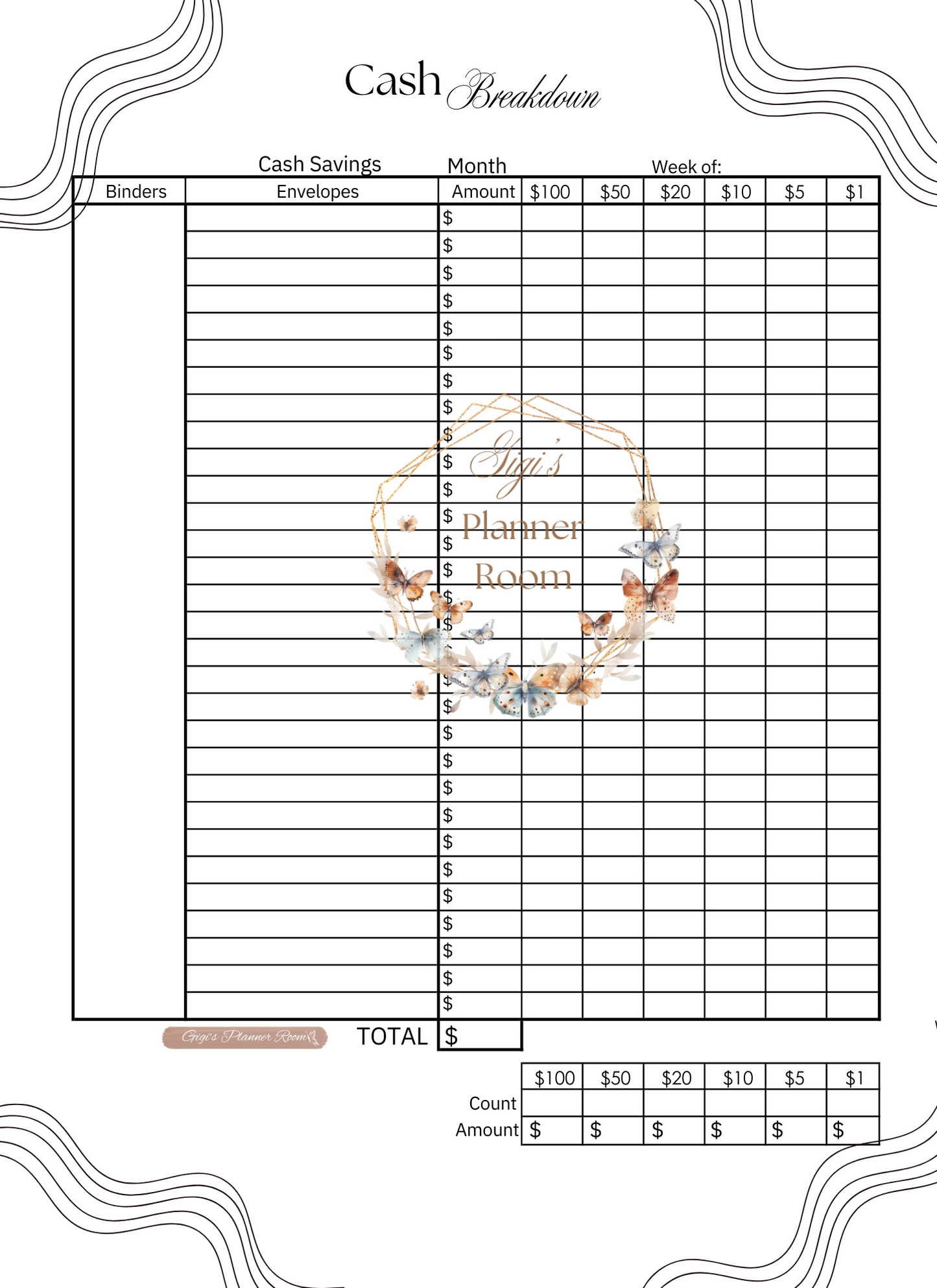 Cash Breakdown Sheets - Lined