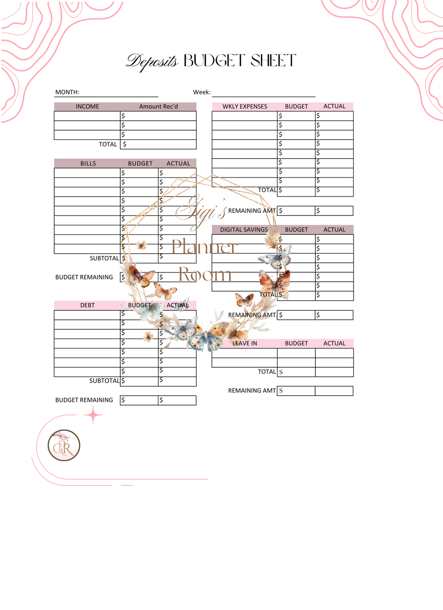 Deposit Budget Sheet